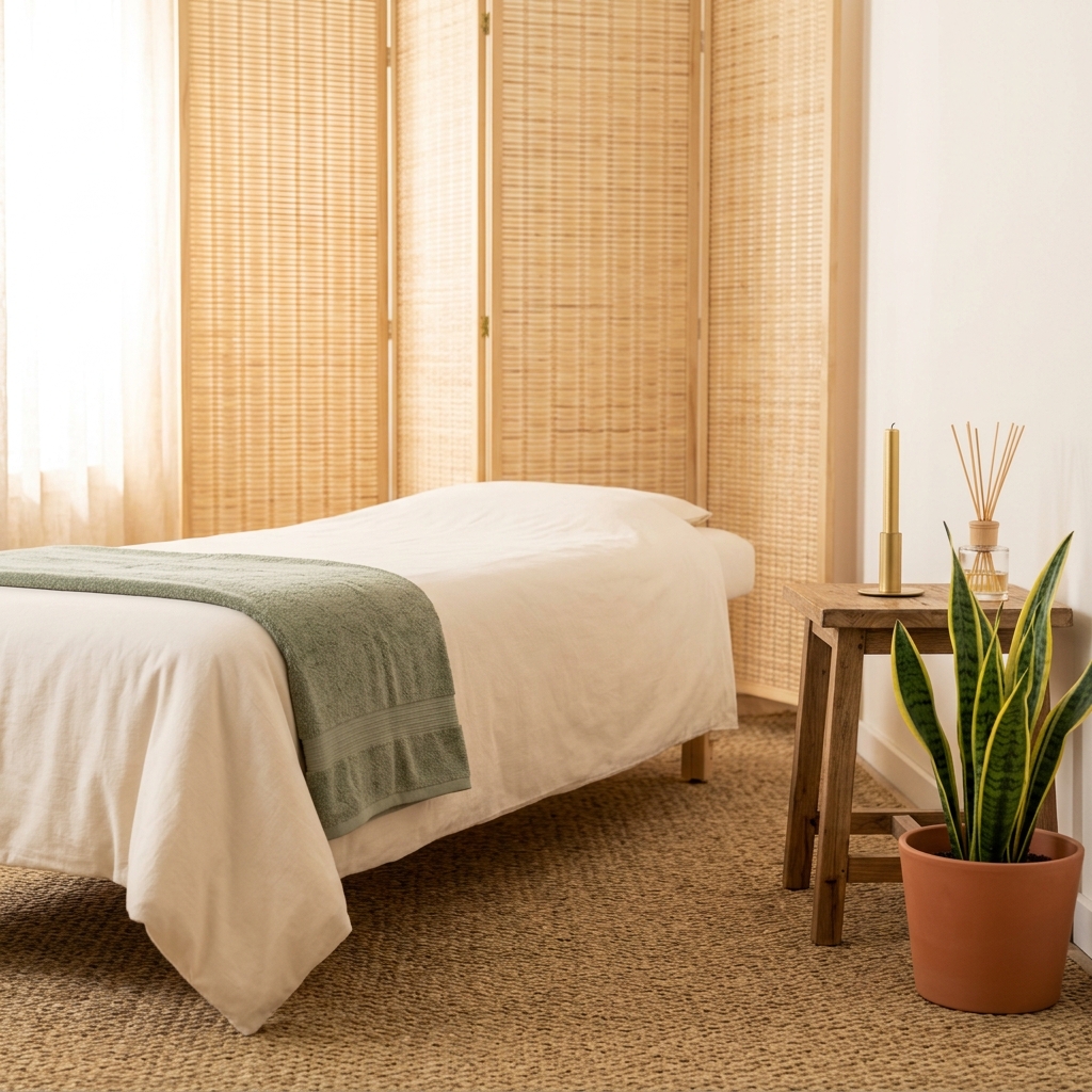 Sala massaggi zen con luci soffuse e arredi naturali